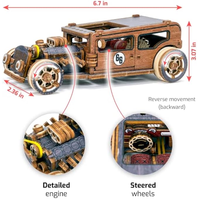 HOT ROD LIMITED EDITION 3D WOODEN MODEL KITS FOR ADULTS TO BUILD CARS - 142PCS RETRO WOODEN 3D PUZZLE 1:32 SCALE CAR KIT - Image 3